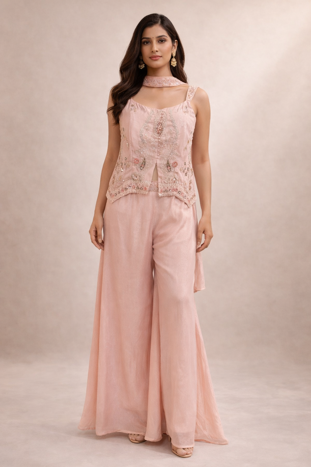 Blush Pink Embroidered Co-ord Set with Silk Layered Jacket & Wide-Leg Pants